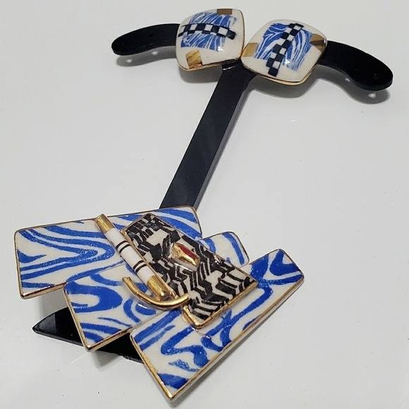 Blue And Gold Tone Ceramic Set. Earrings And Brooch Jewelry. 🌴 - Picture 1 of 4